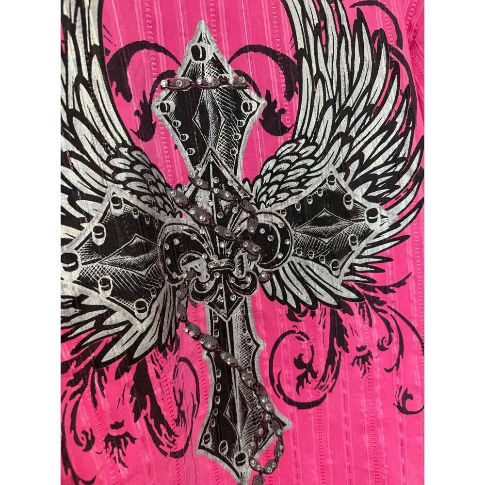 Jaguarrs small vintage hot pink button down 3/4 sleeves cross wings bejeweled